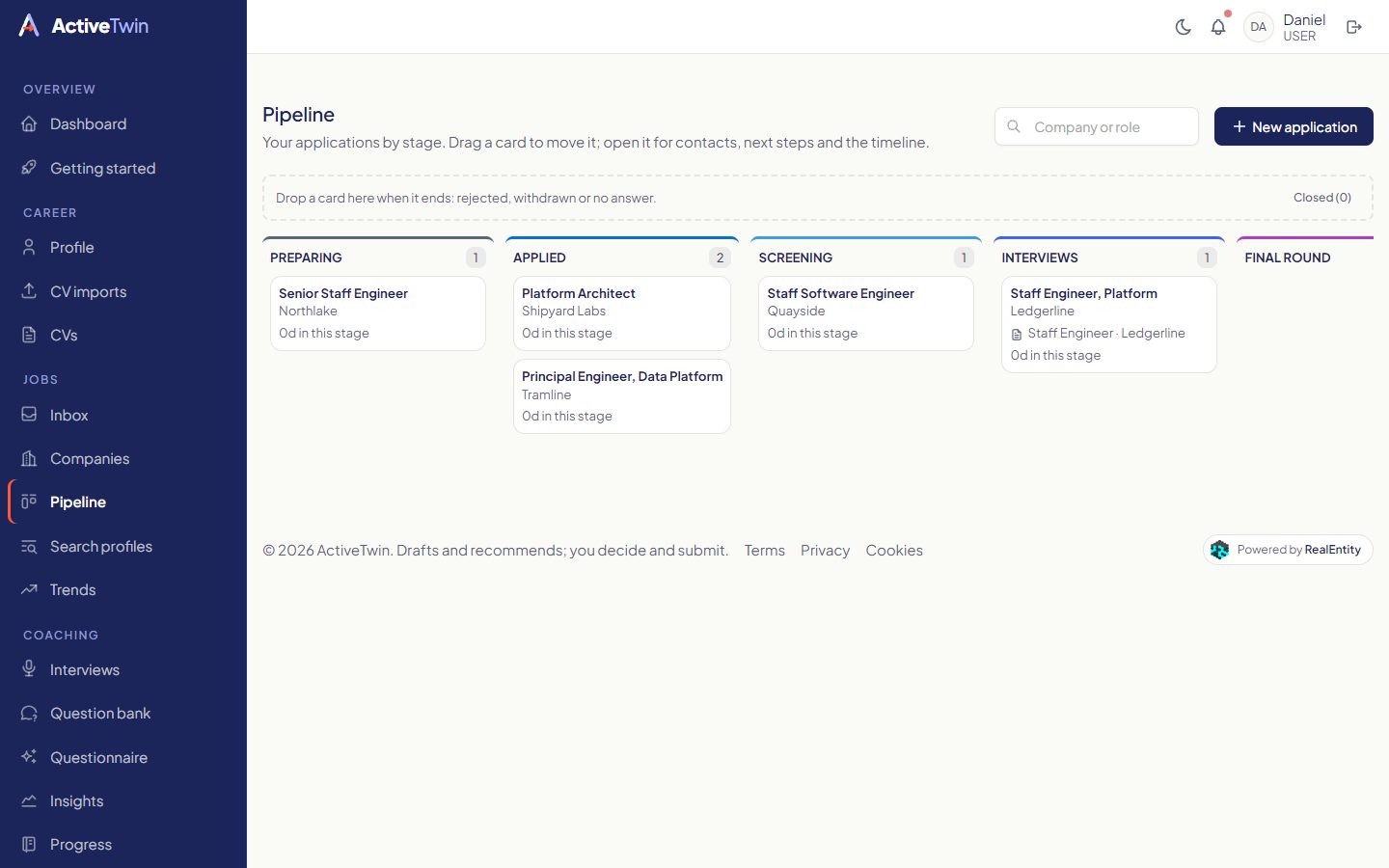 The pipeline board with applications by stage