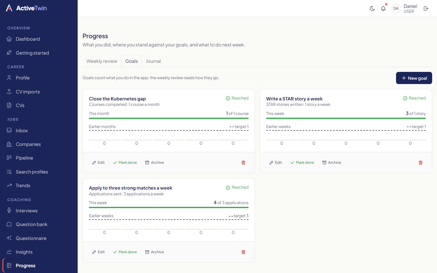 The progress page with three of Daniel's goals and how far each has come