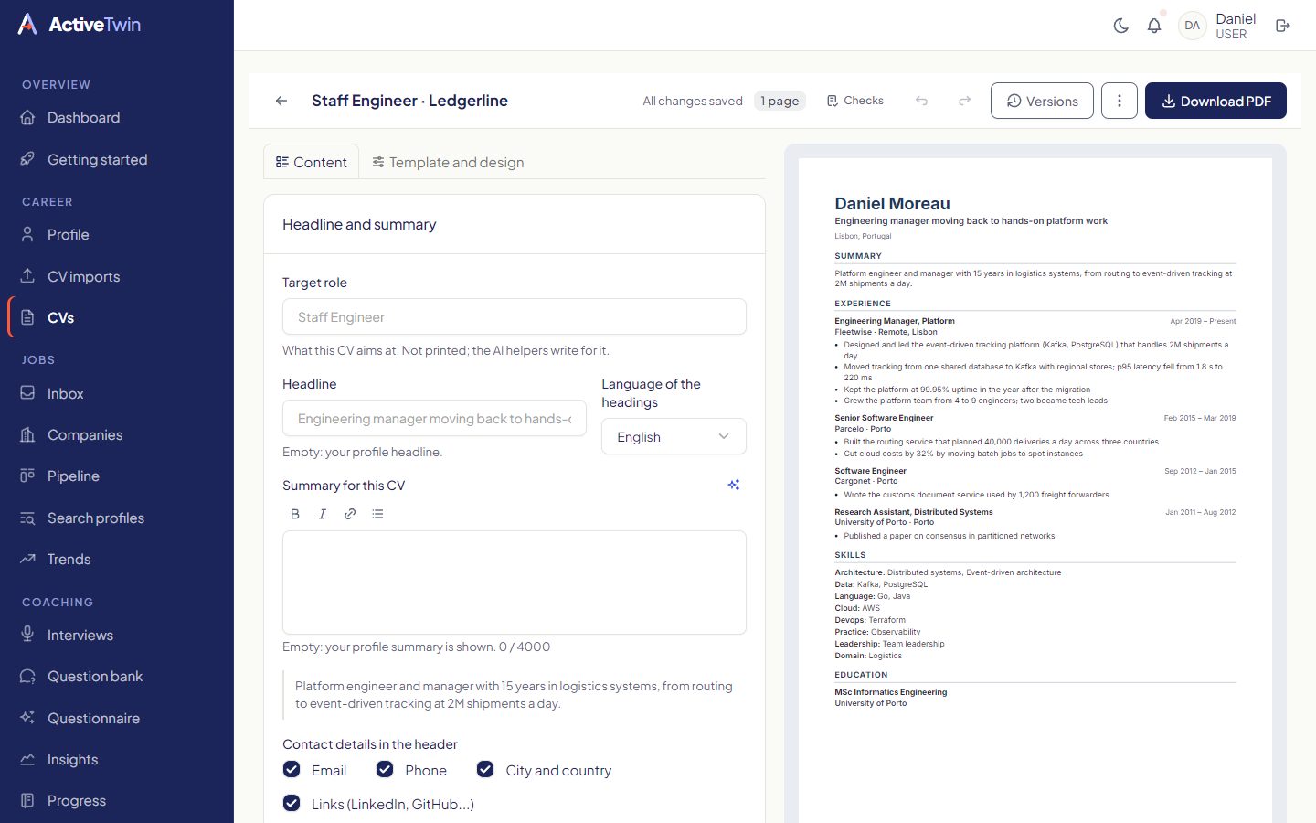 The CV editor with the sections on the left and a live preview on the right