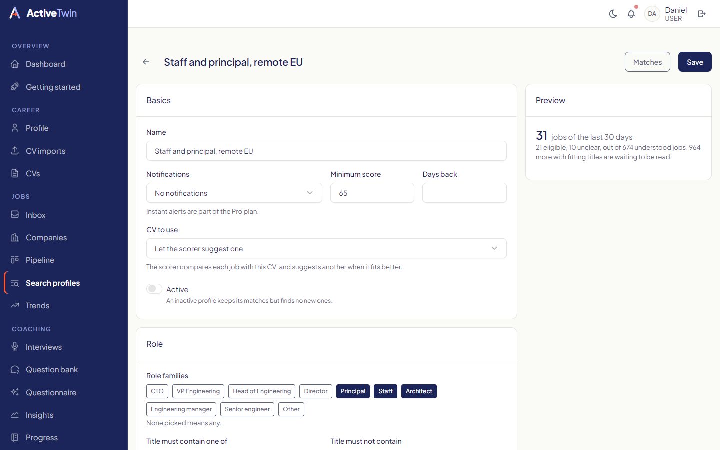 A search profile with roles, places, work modes and pay